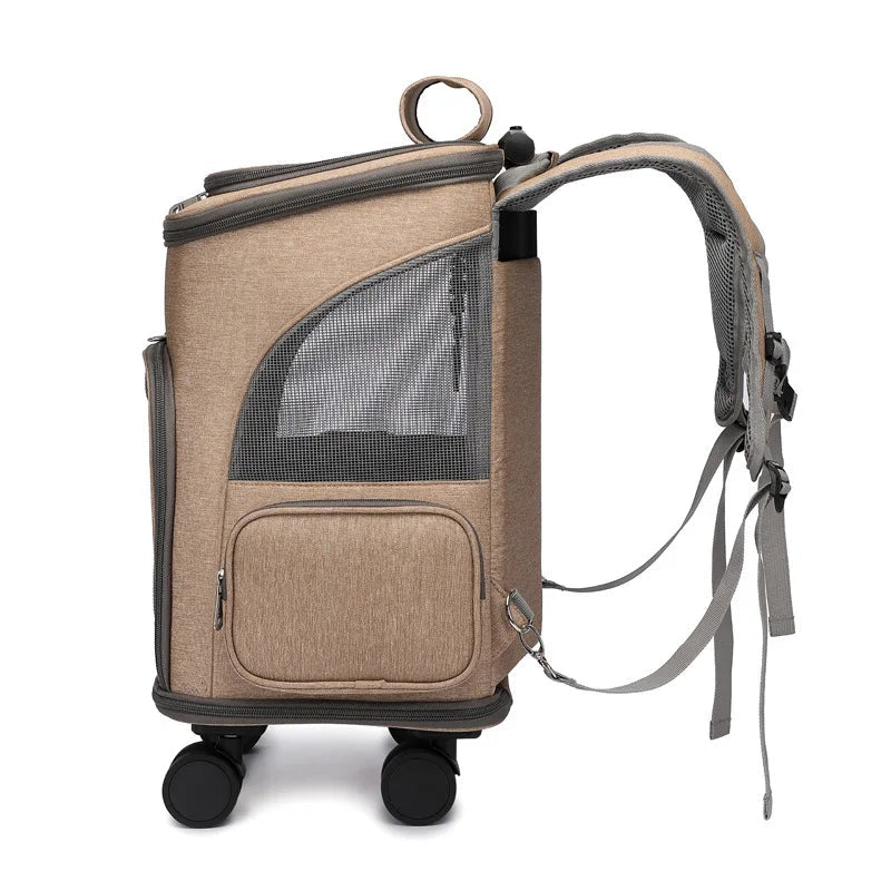 Atmungsaktiver Haustier-Rucksack mit Rollen & Teleskopgriff – Premium Trolley für Katzen & Hunde