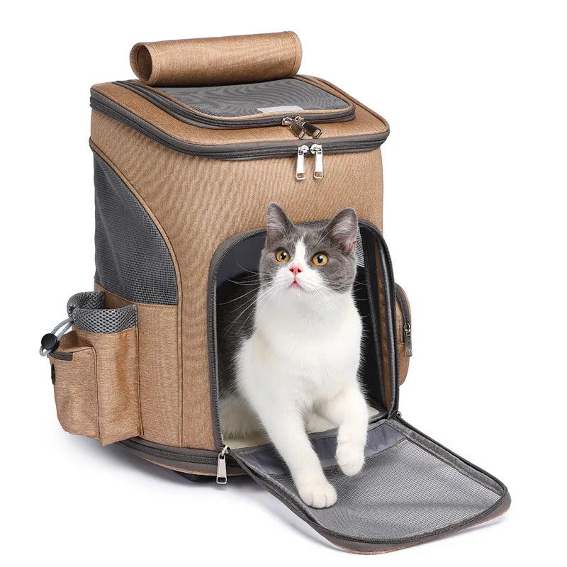 Atmungsaktiver Haustier-Rucksack mit Rollen & Teleskopgriff – Premium Trolley für Katzen & Hunde