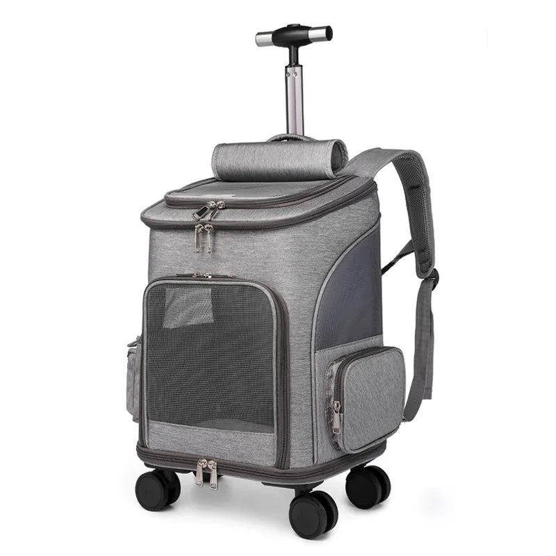 Atmungsaktiver Haustier-Rucksack mit Rollen & Teleskopgriff – Premium Trolley für Katzen & Hunde