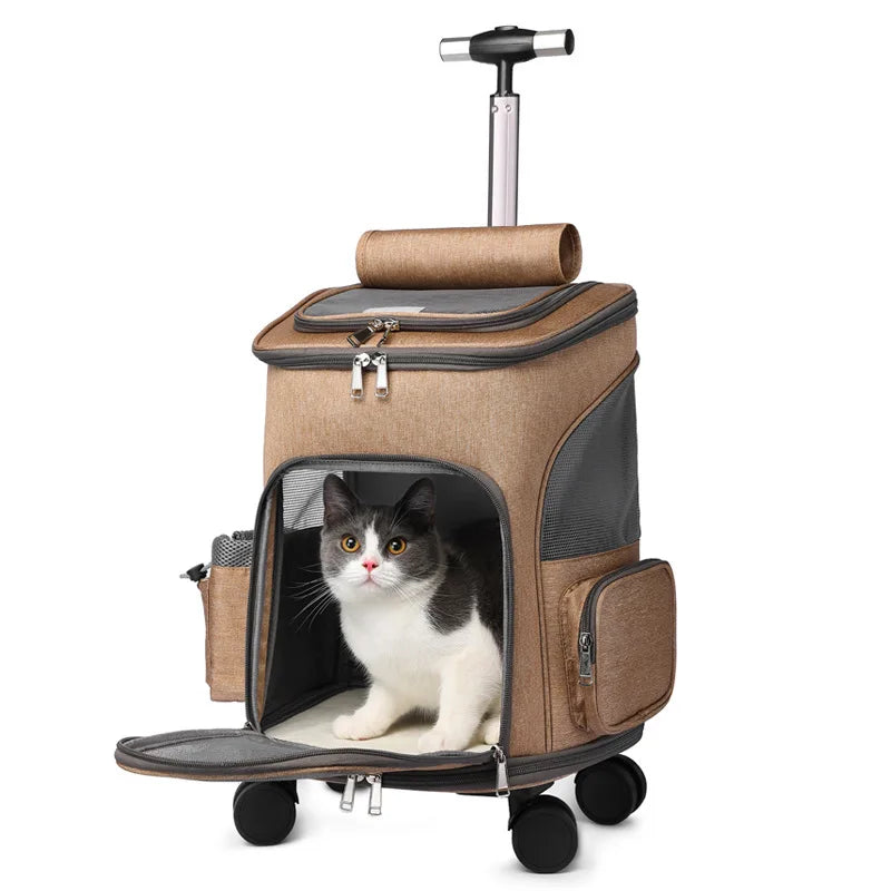 Atmungsaktiver Haustier-Rucksack mit Rollen & Teleskopgriff – Premium Trolley für Katzen & Hunde