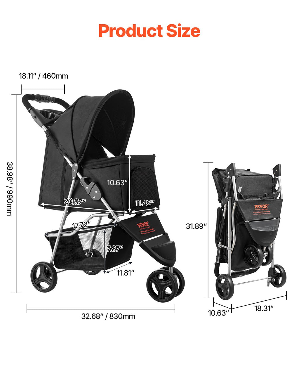 Klappbarer Hunde-Buggy & Katzenbuggy (bis 16 kg) – Kompakter Kinderwagen für Haustiere
