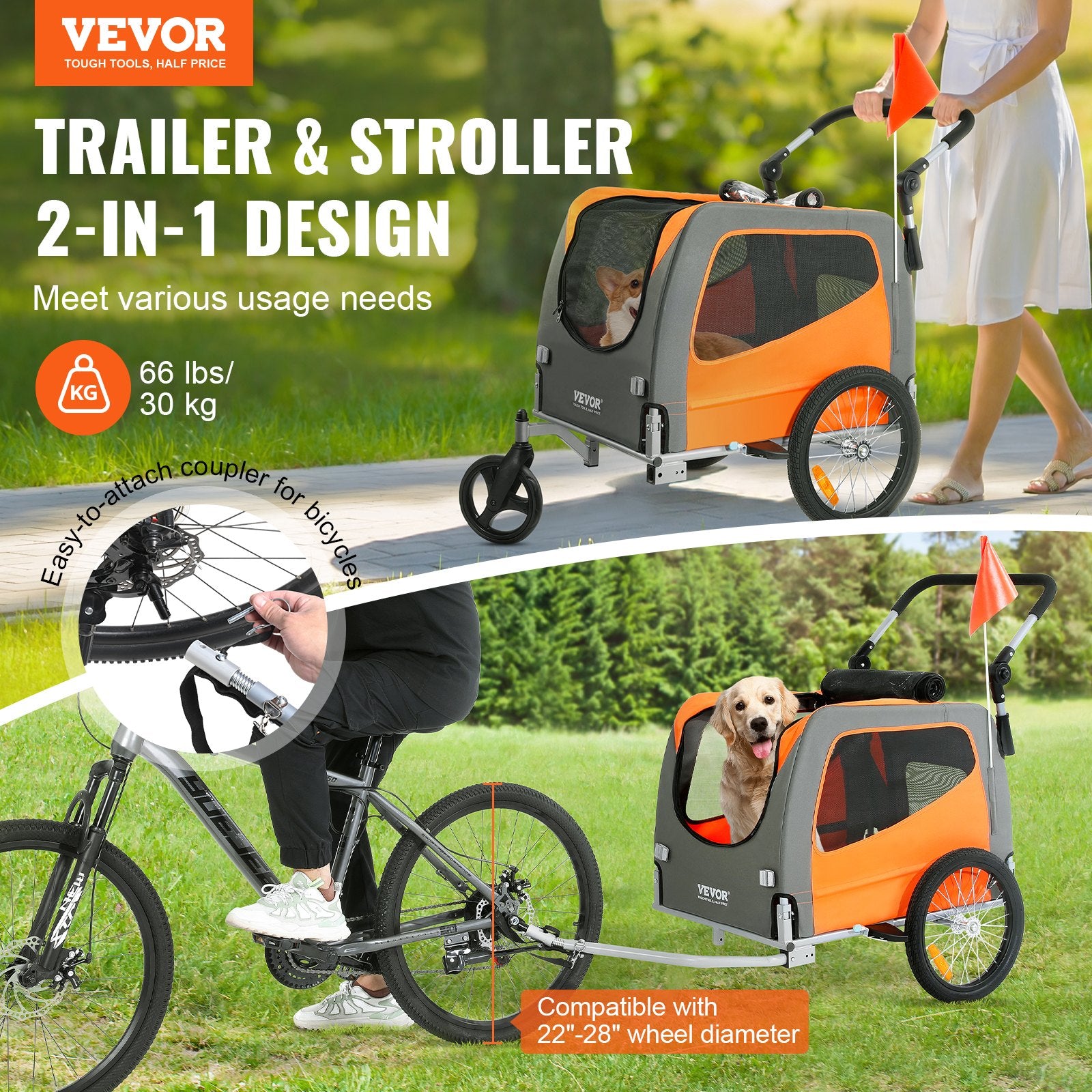 2-in-1 Hunde-Fahrradanhänger & Buggy (bis 30 kg) – Klappbarer Transportwagen für Fahrrad