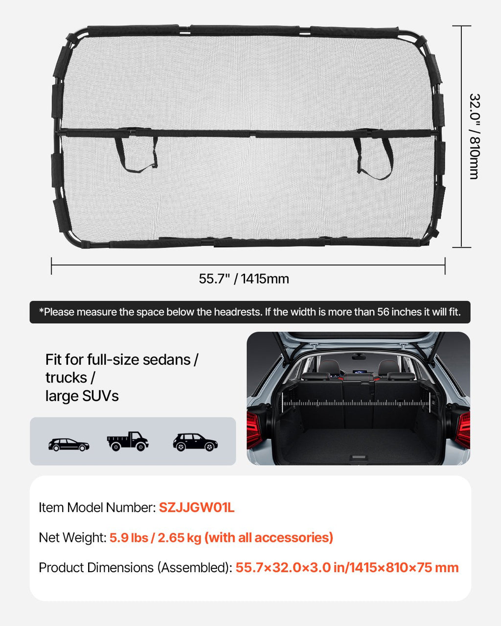Hunde-Trennnetz für Auto & SUV (142 cm) – Sicherheitsnetz für den Vordersitz